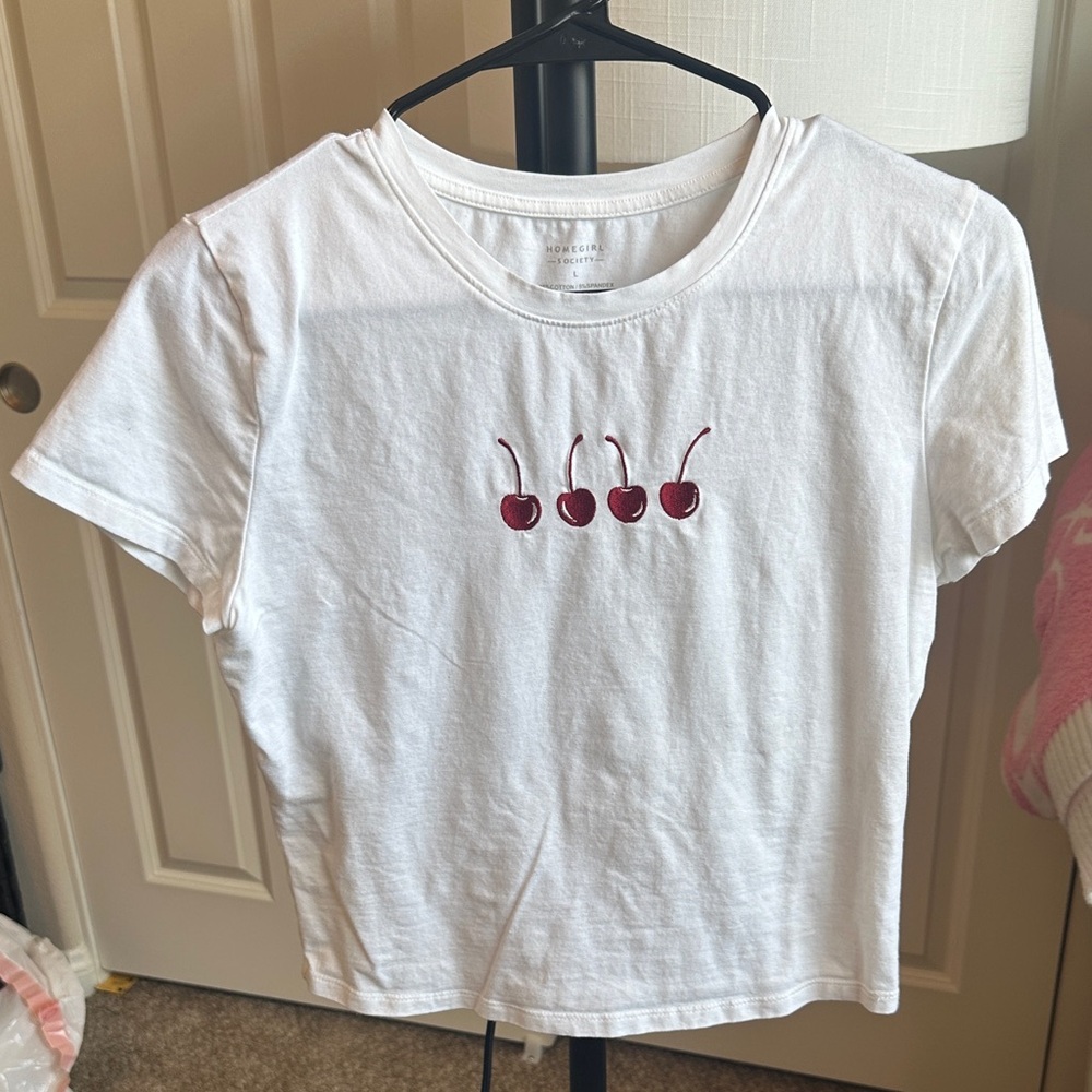 White Crop Tee with Red Cherry Graphic
